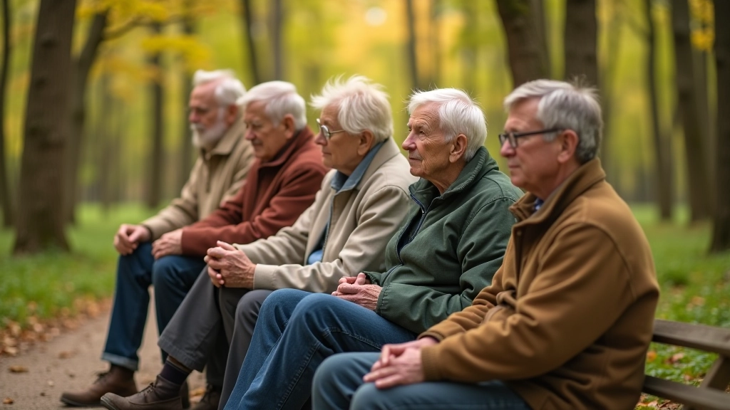Seniori kopā sēž uz soliņa meža takā, uzmundrinošā atmosfērā